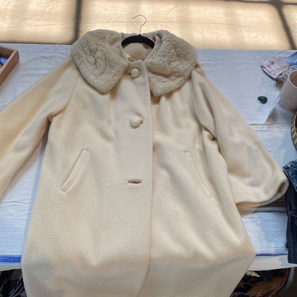 60’s wool with ermine collar coat, silk lined in cream